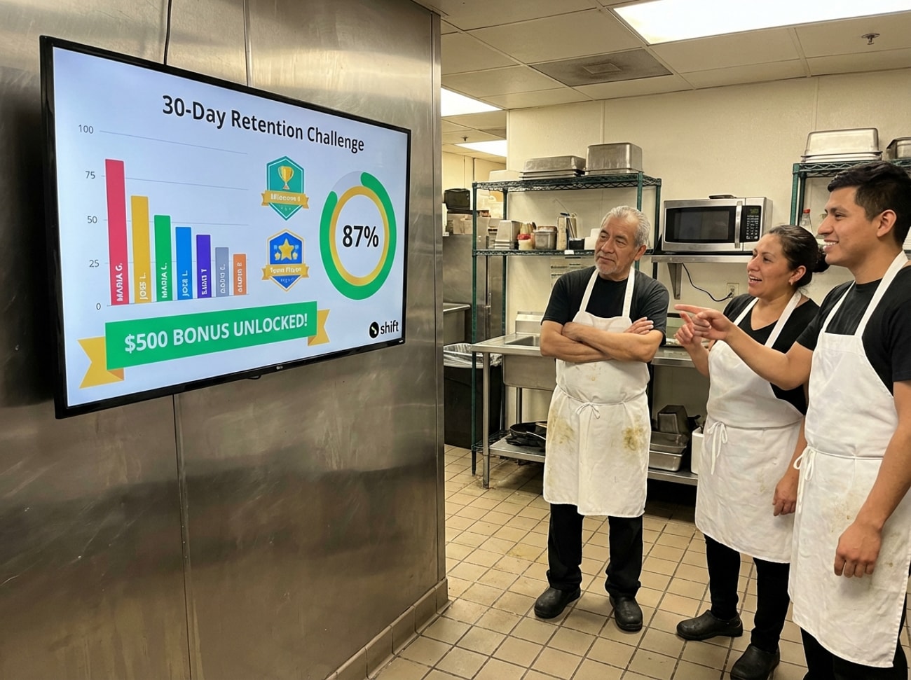 Several individuals in a kitchen, focused on a large screen that likely shows cooking tips or a recipe demonstration.  