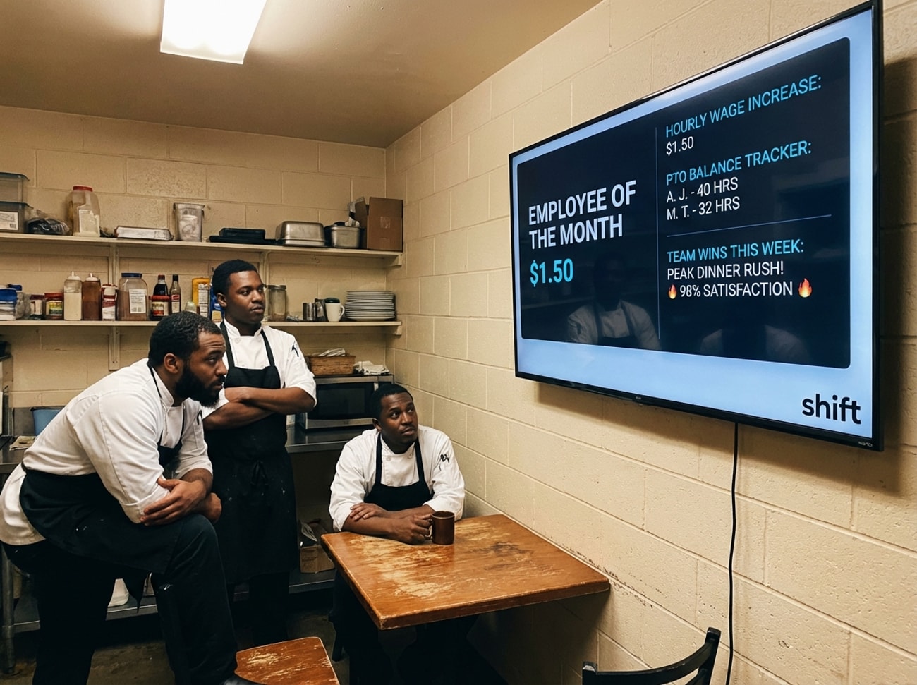 A diverse group of people in a kitchen, interacting with a large screen, possibly for a cooking class or demonstration.  