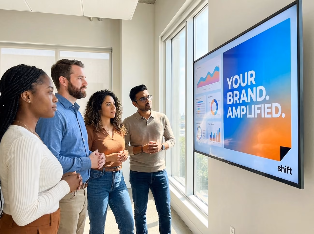 Three people analyze a large screen filled with graphs, engaged in discussion about the displayed data.