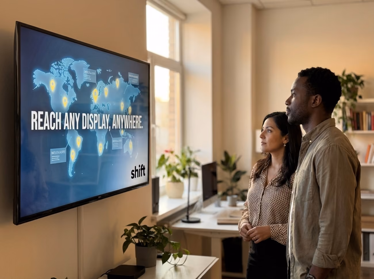 Two individual focus on a large screen showcasing graphs, collaborating on insights from the visual data presented.
