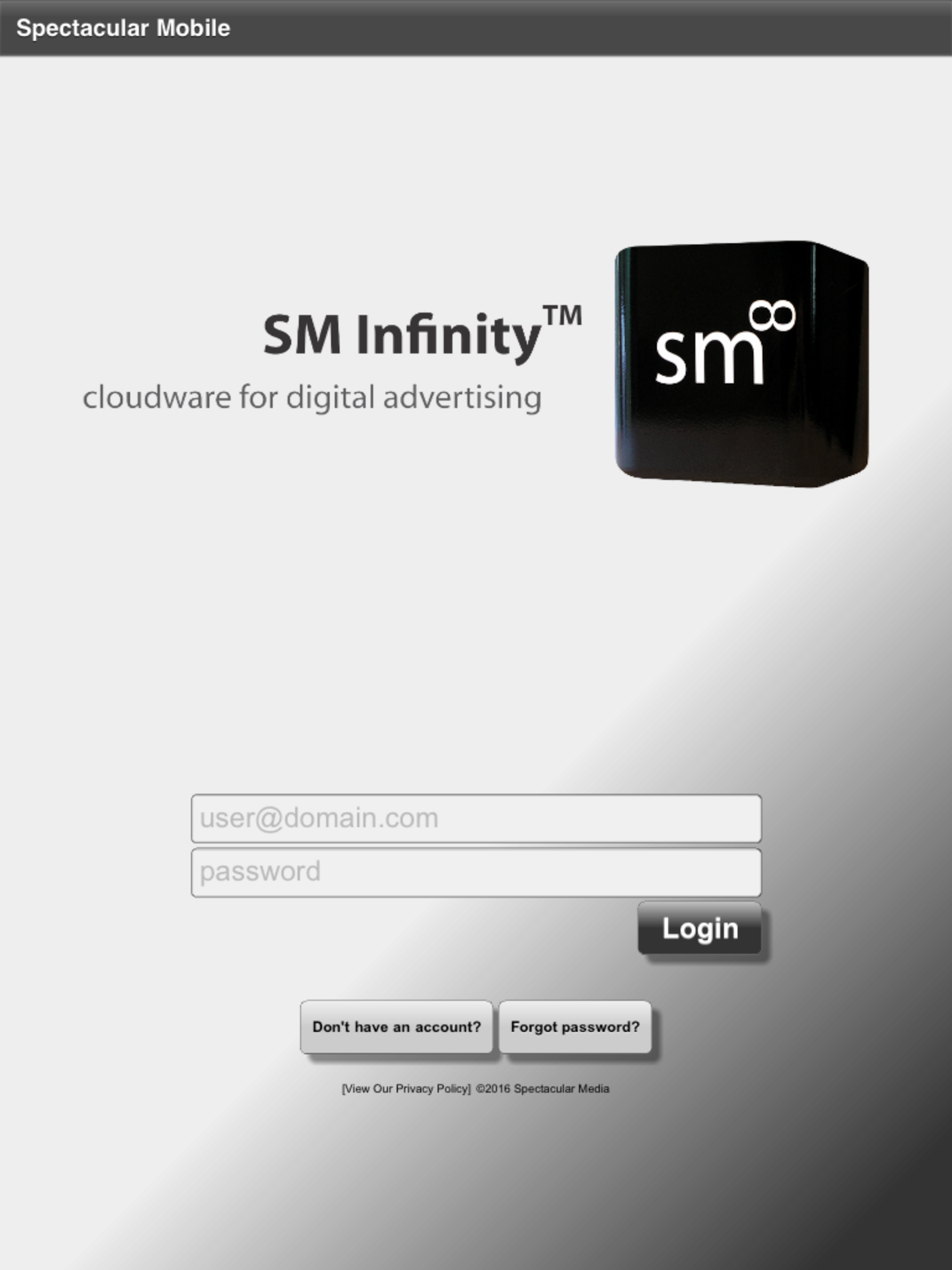 Spectacular Mobile - SM Infinity login interface