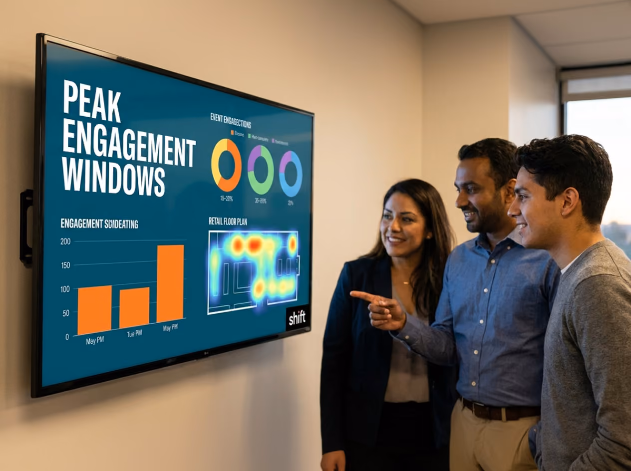 A group of three examines a large screen with a graph, focusing on the information being shared in the meeting.