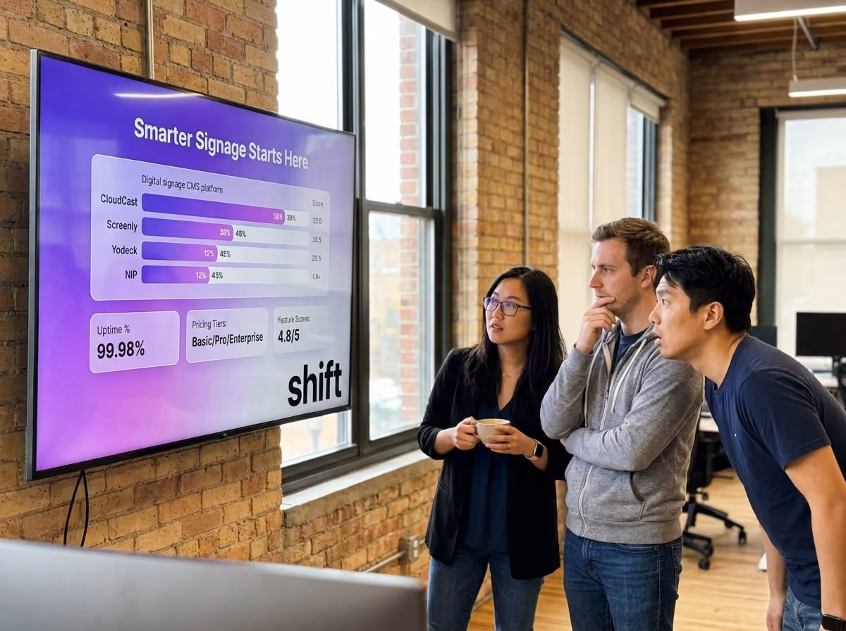 Three individuals observe a large screen displaying a detailed graph during a presentation.
