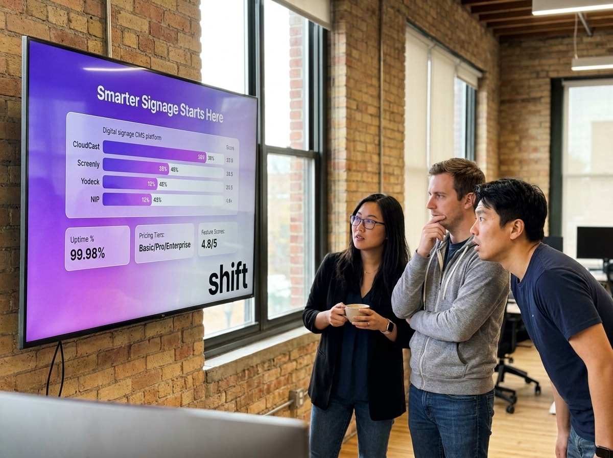 Three individuals observe a large screen displaying a detailed graph during a presentation.  