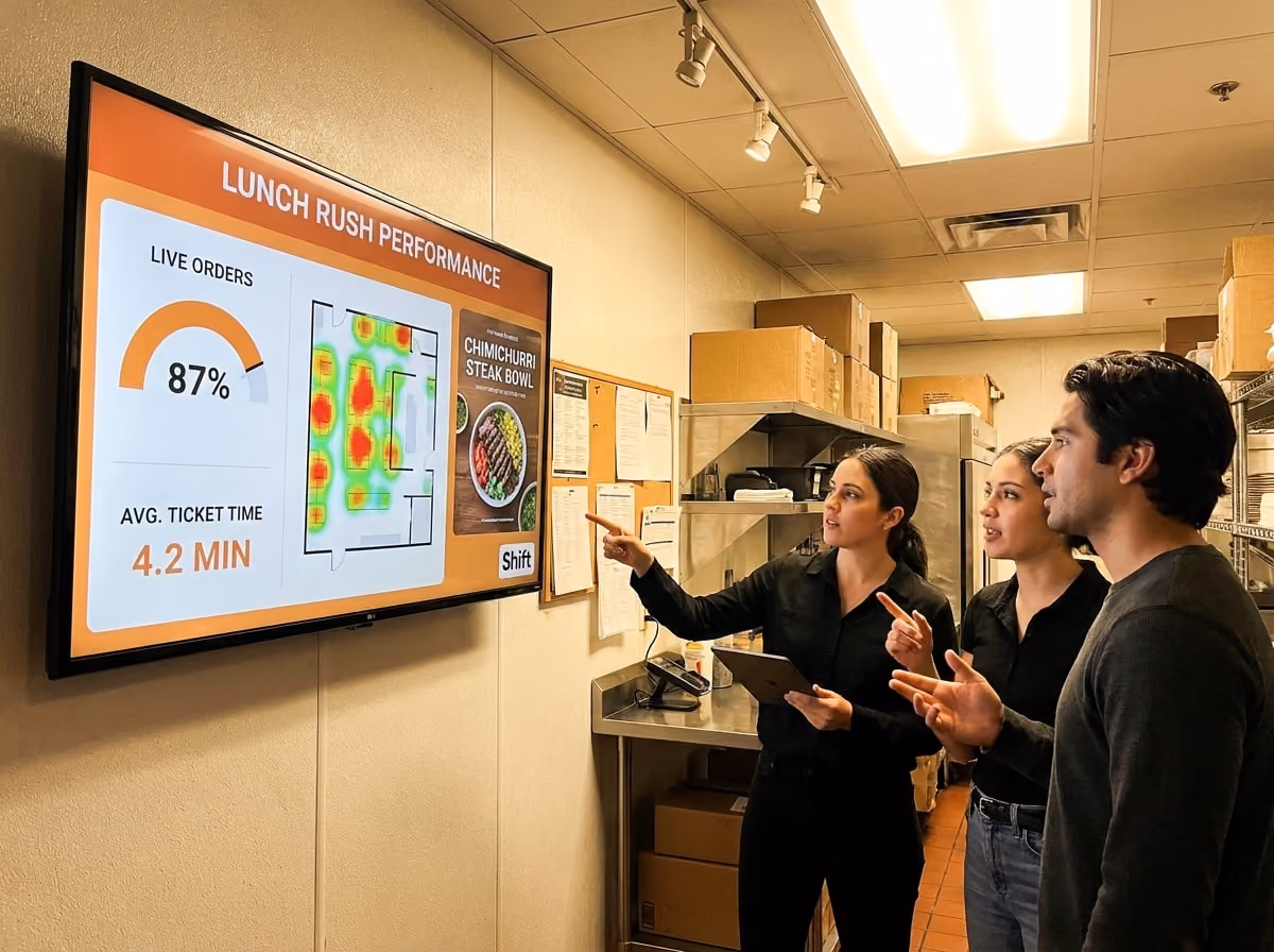 Three individuals stand in front of a large screen, engaged in discussion or presentation. 