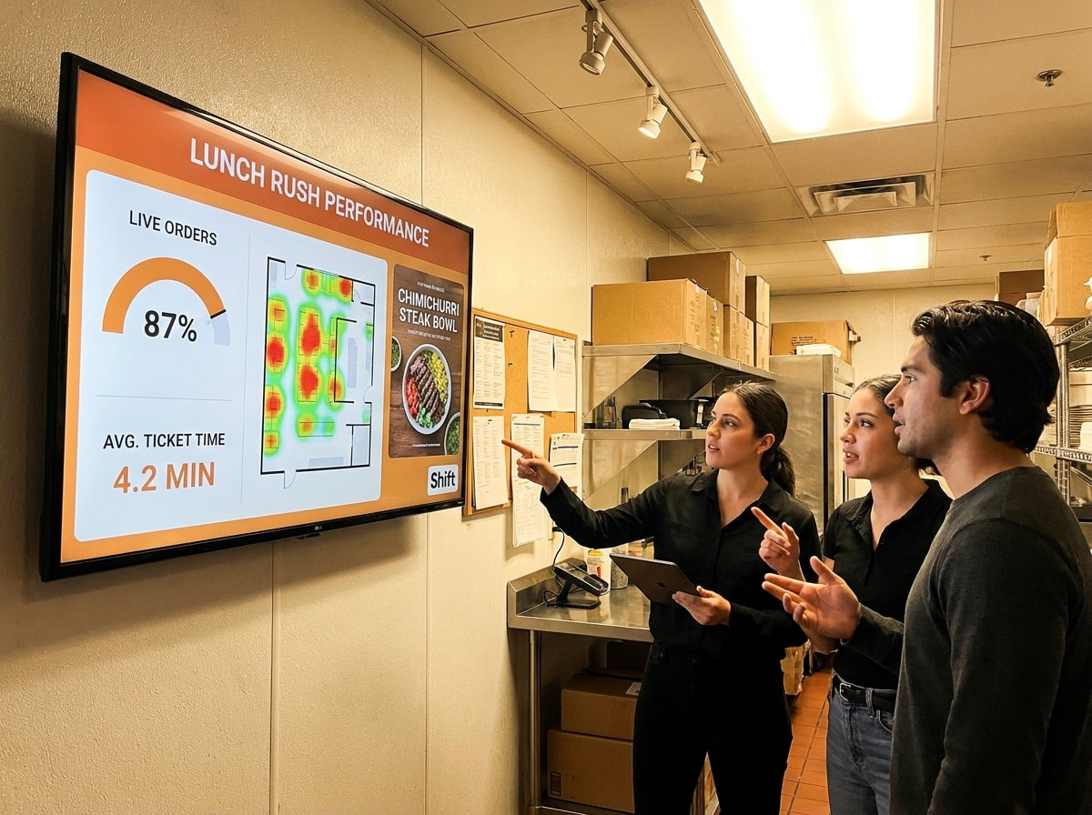 Three individuals stand in front of a large screen, engaged in discussion or presentation. 