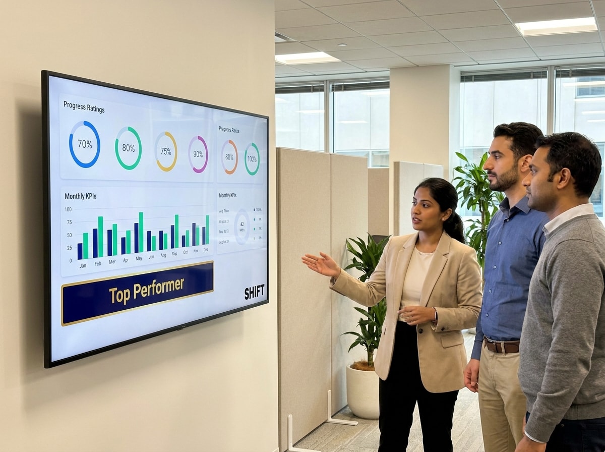 Several individuals gather in front of a television screen, engaged in watching or discussing the displayed content.