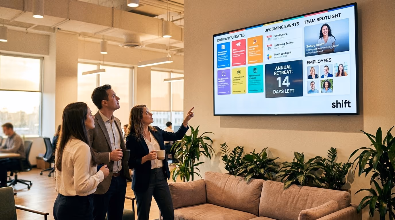 Three individuals stand in front of a large screen, engaged in discussion or presentation. 
