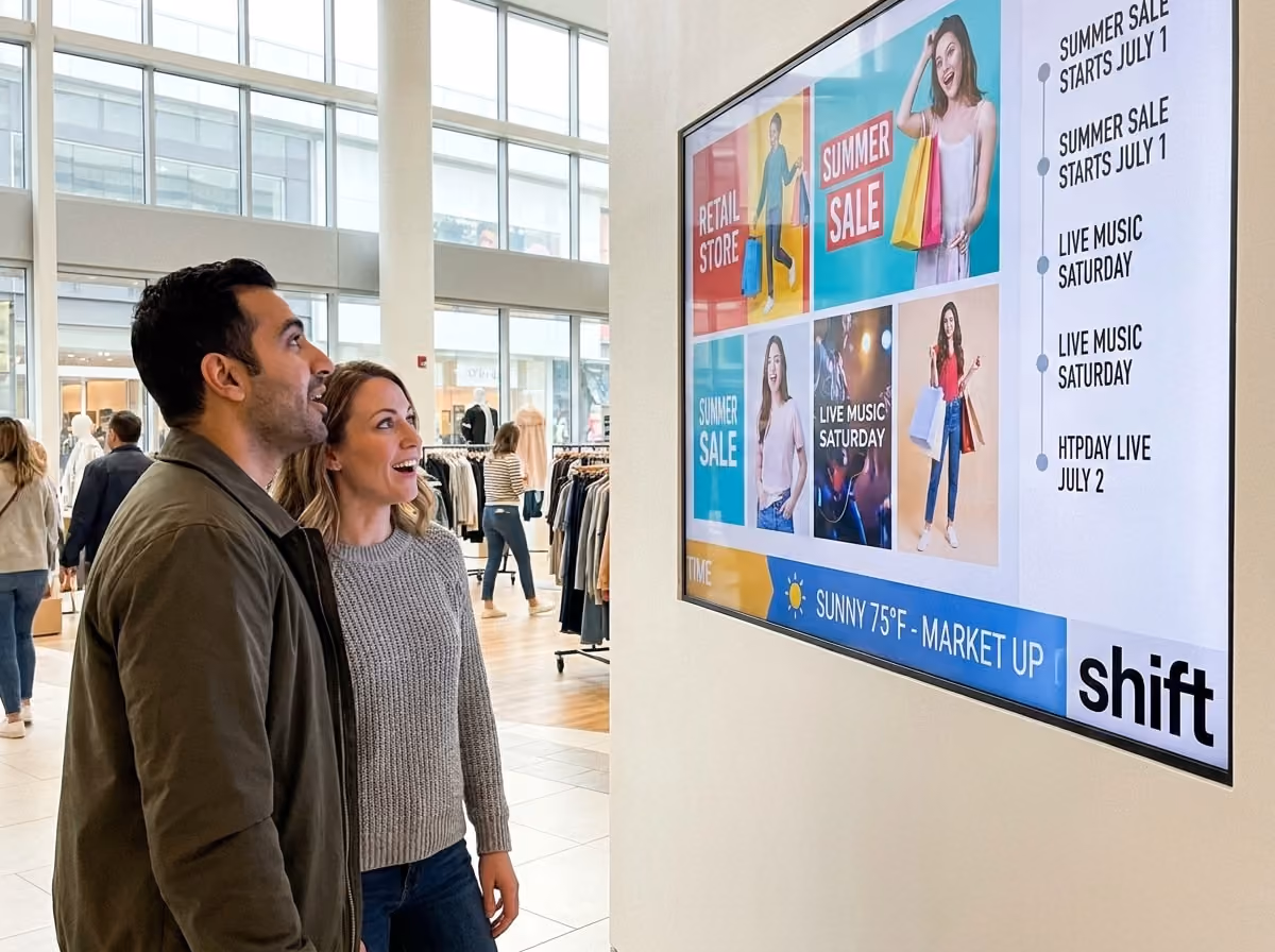 A couple are positioned in front of a large screen, appearing to engage with the content being shown.