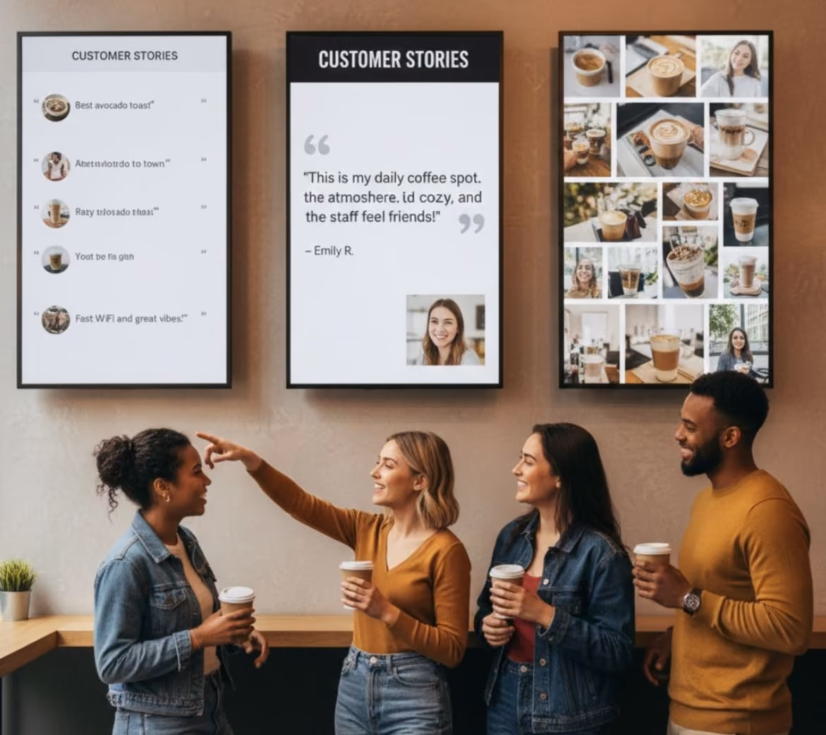 Four people stand in front of a wall displaying a large screen featuring customer stories and testimonials.