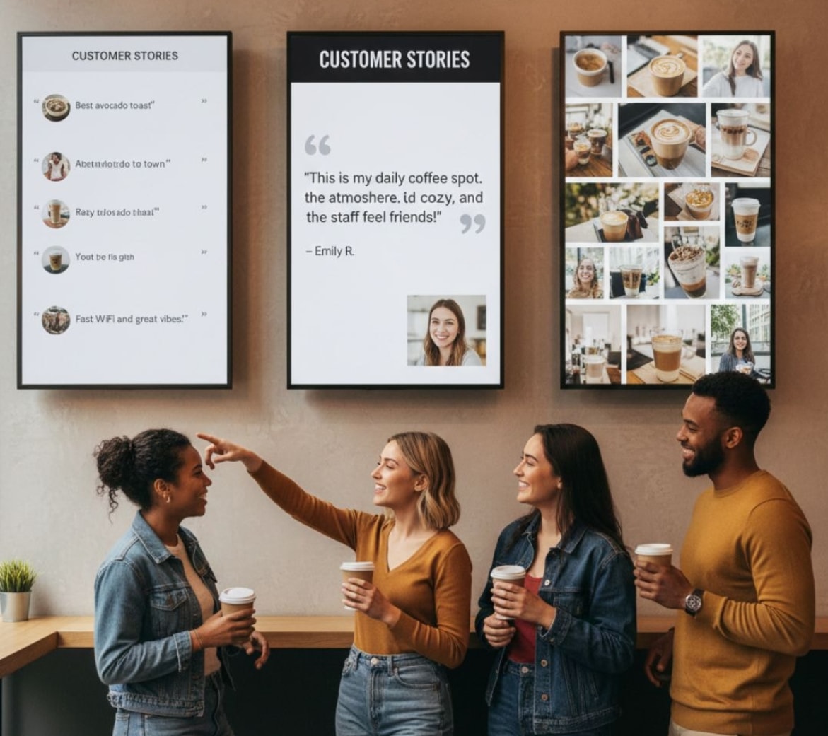 Four people stand in front of a wall displaying a large screen featuring customer stories and testimonials.