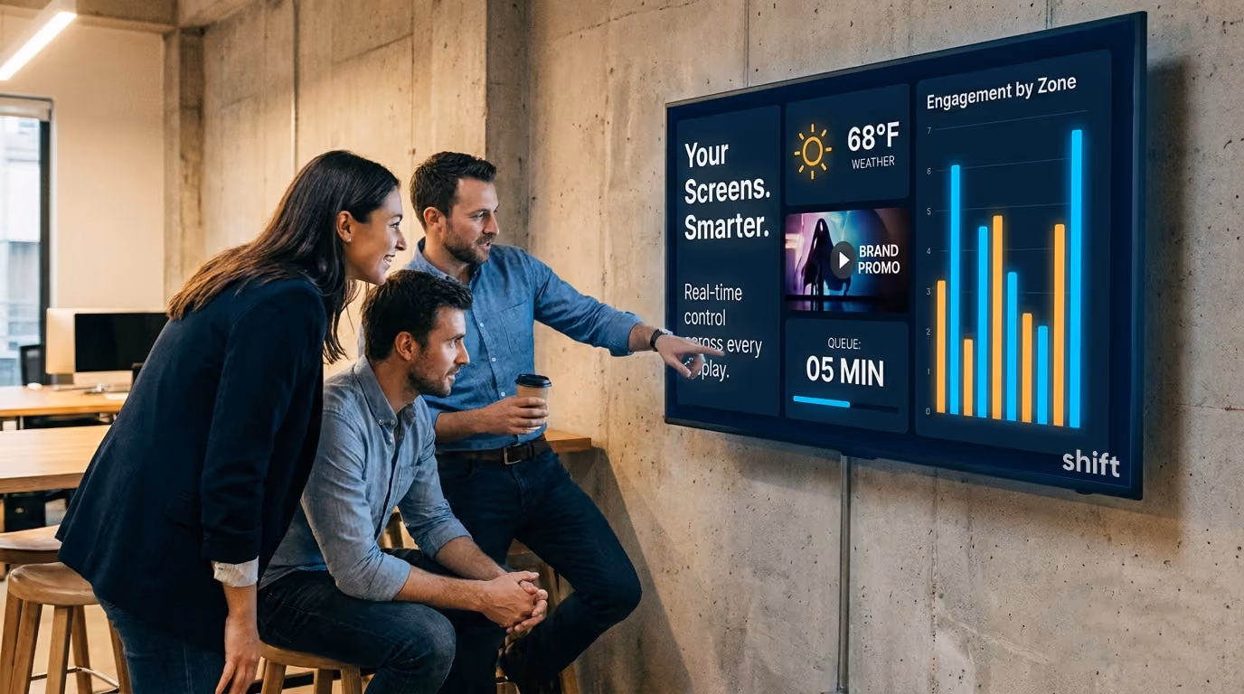 Three individuals analyzing a large screen displaying various graphs and data visualizations. 