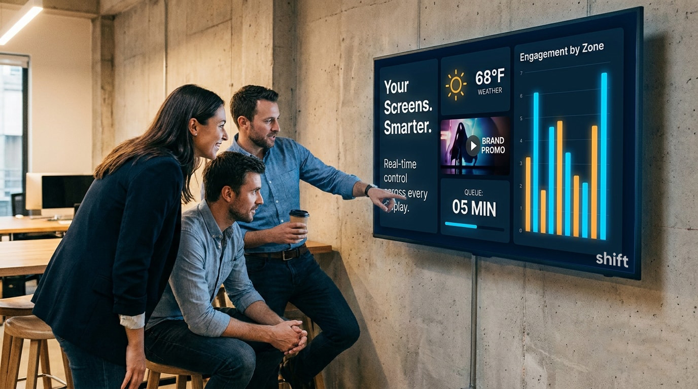 Three individuals analyzing a large screen displaying various graphs and data visualizations. 