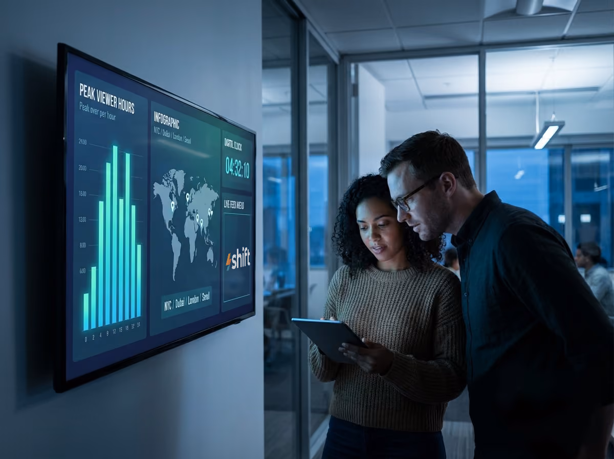 Two individuals examining a tablet displaying data, engaged in discussion about the information presented.  