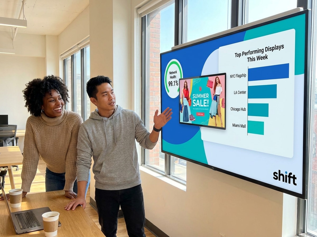 Two people observe a large wall-mounted screen, engaged in discussion or analysis of the displayed content.  