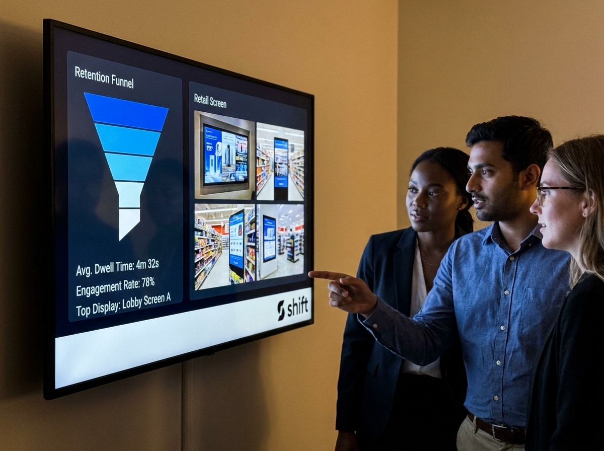 A group of three examines a monitor featuring the time and date information.