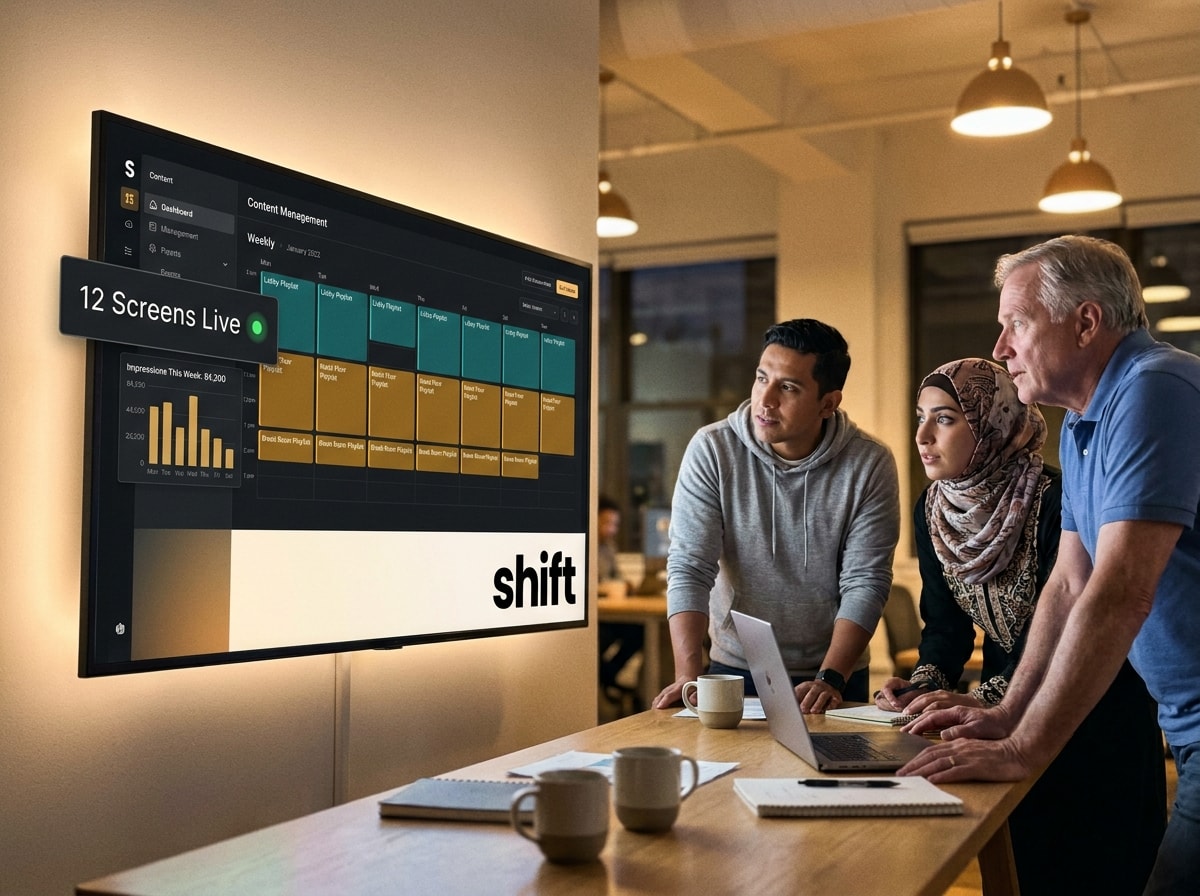 Three individuals observe a monitor displaying the current time and date. 