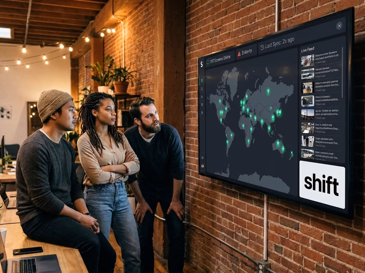 Three people are focused on a screen that shows the time and date.