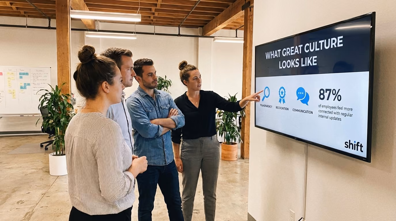 A group of people gathered around a large screen, engaged in discussion or viewing content together.