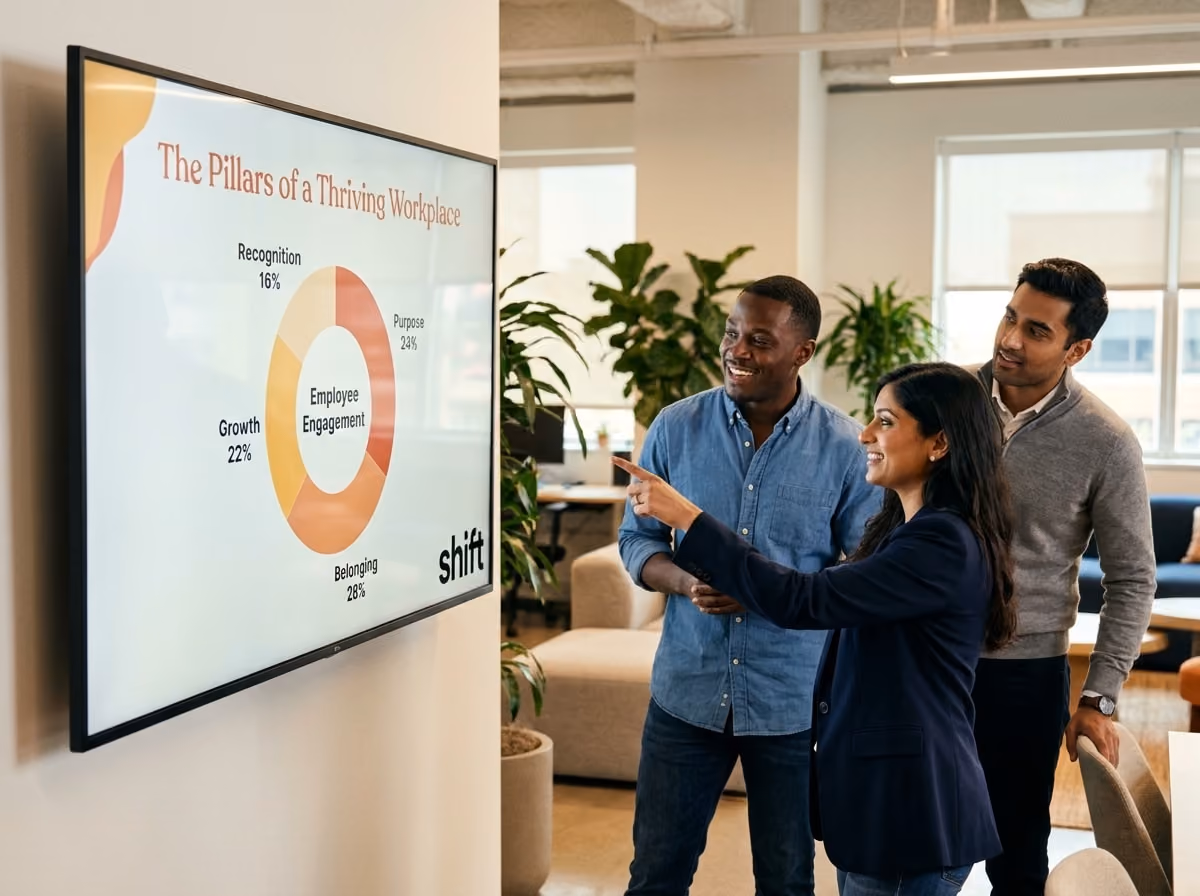 Several individuals standing around a large screen, likely discussing or presenting information displayed on it.