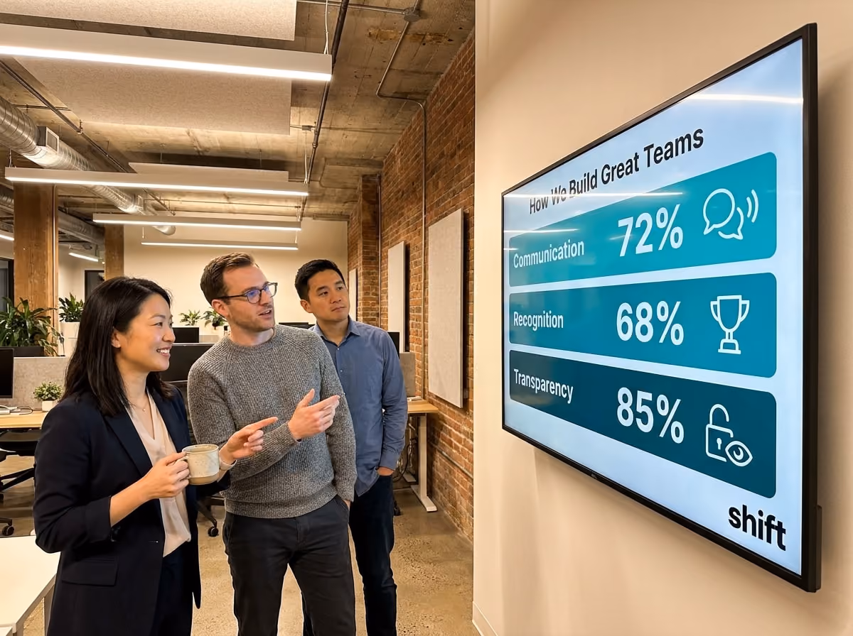A diverse group of people surrounding a large screen, focused on the content being shown during a presentation or meeting.