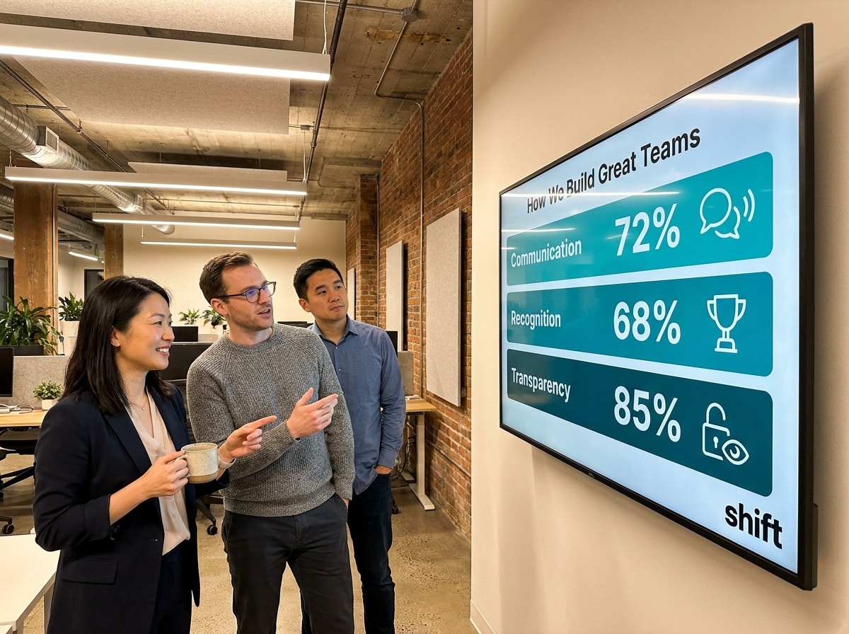  A diverse group of people surrounding a large screen, focused on the content being shown during a presentation or meeting.  