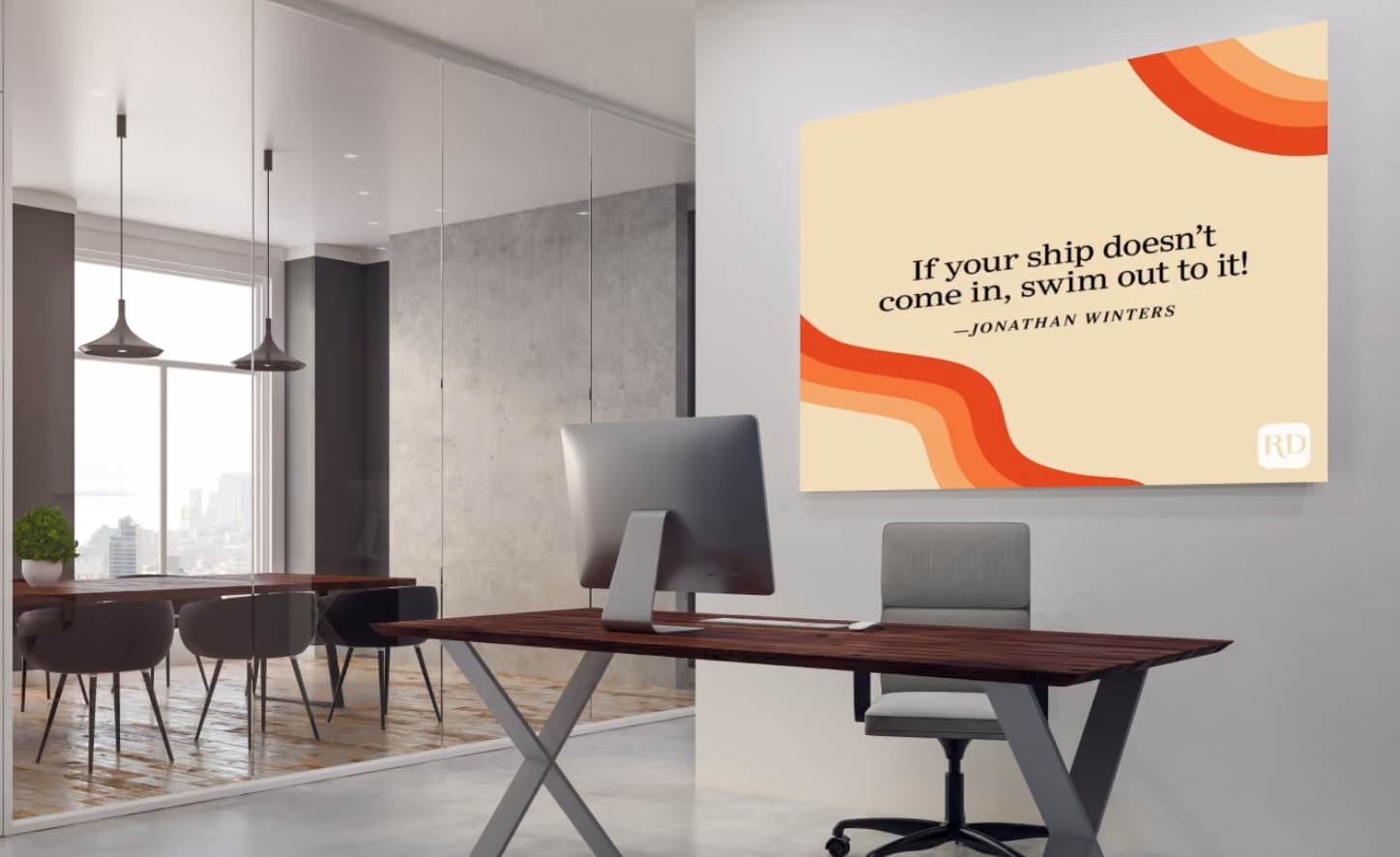 A modern office featuring a sleek desk and a colorful painting hanging on the wall.