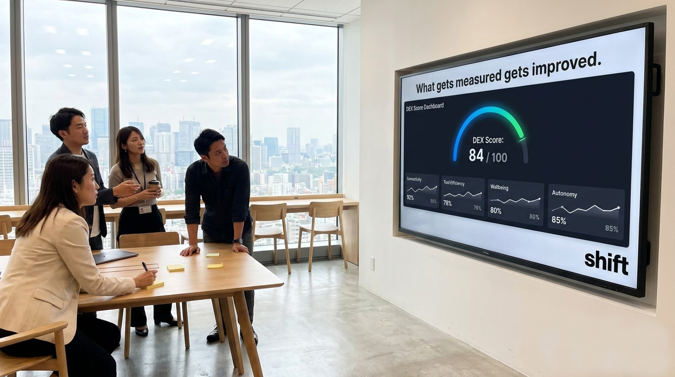A group of people attentively watching a presentation on a large screen in a meeting room. 