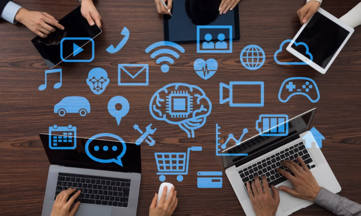 A futuristic digital marketing concept featuring advanced technology and data analytics visuals. 