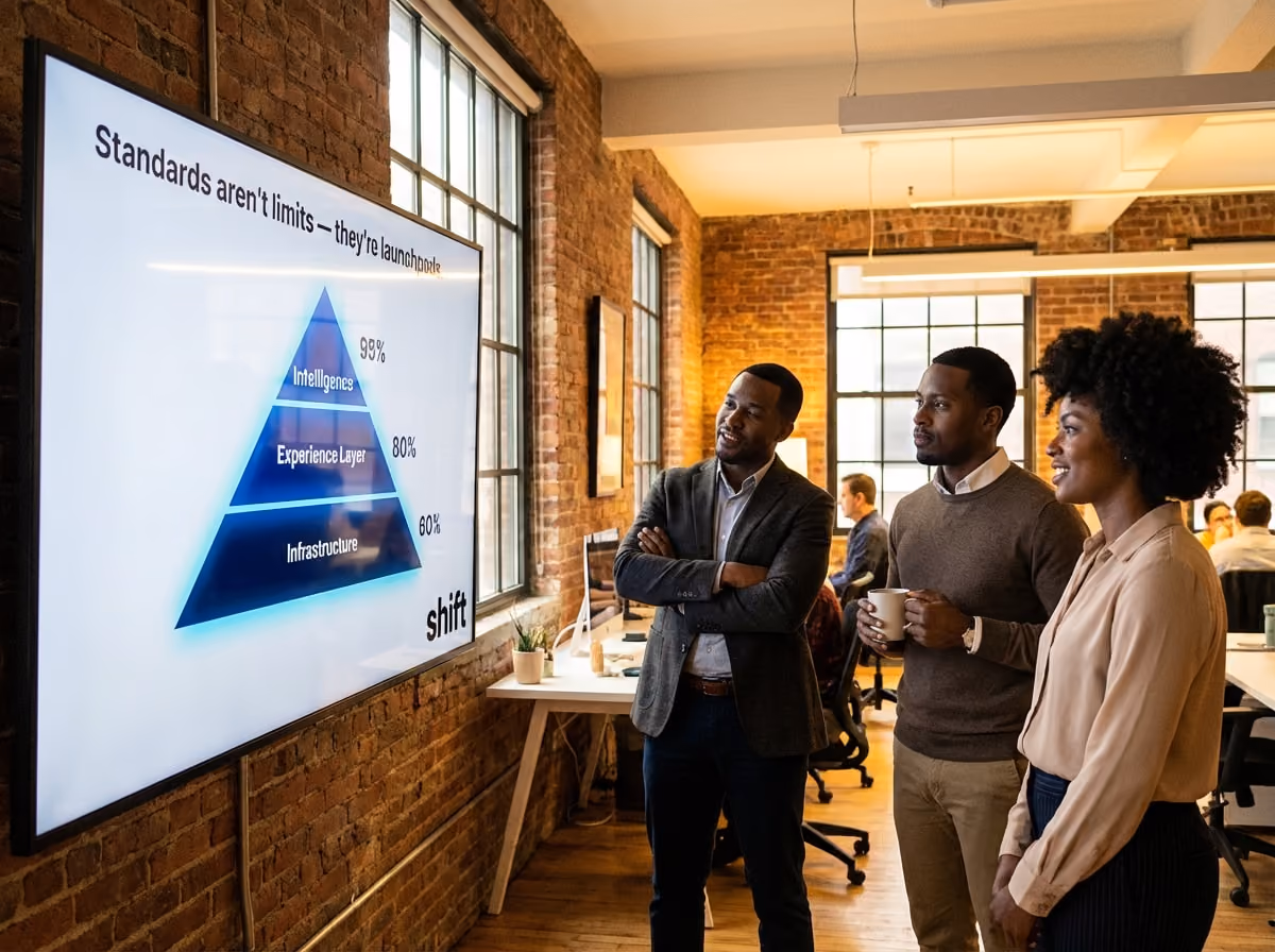 Three individuals stand in front of a large screen, engaged in discussion or presentation.