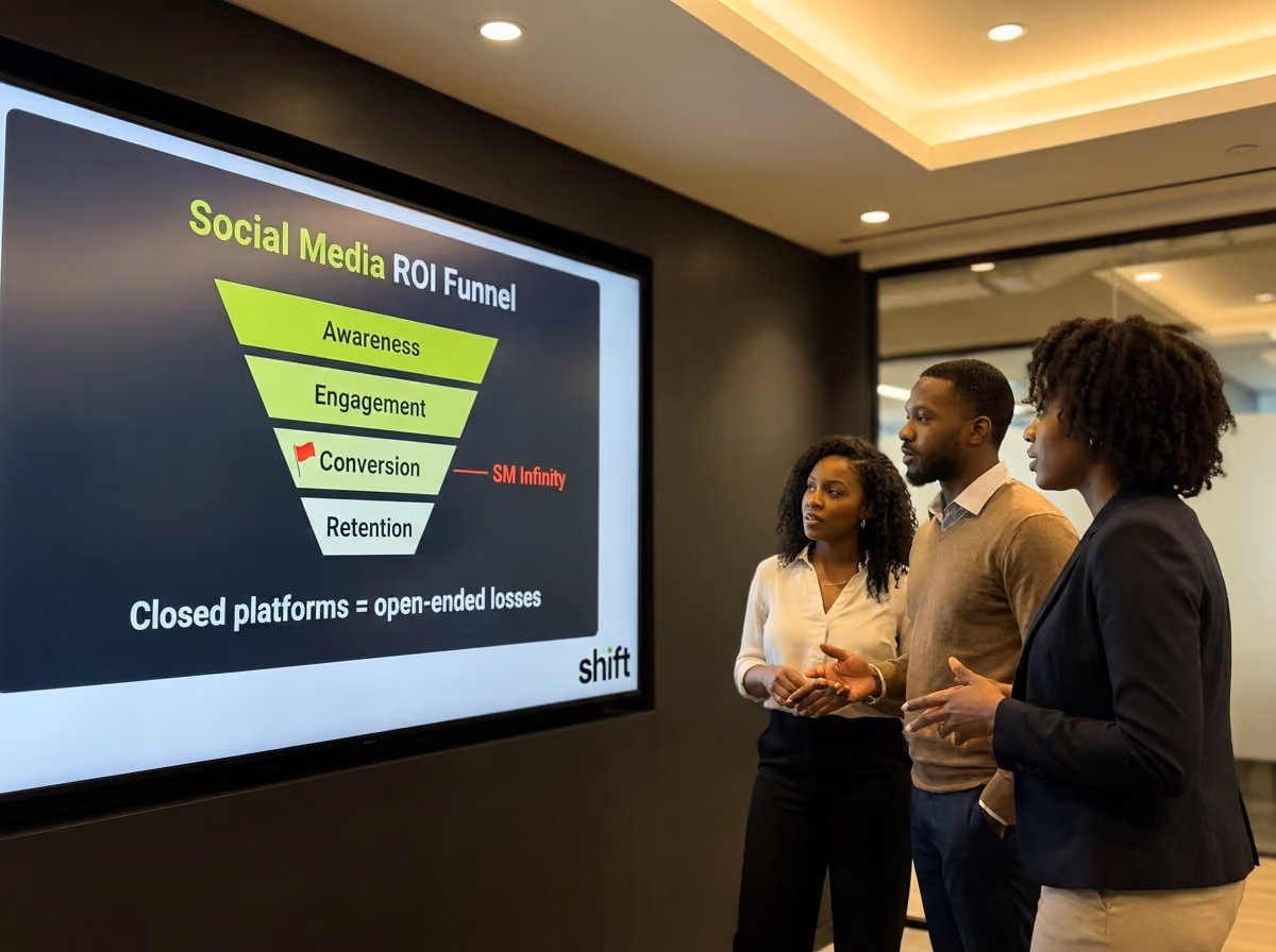Three professionals in an office environment focused on a large screen, likely discussing its content.