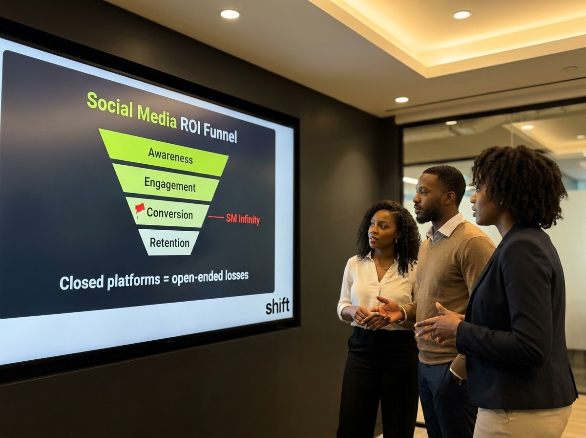 Three professionals in an office environment focused on a large screen, likely discussing its content.