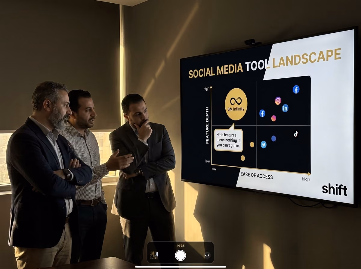 Three individuals in an office setting observing a large screen, engaged in a collaborative discussion.