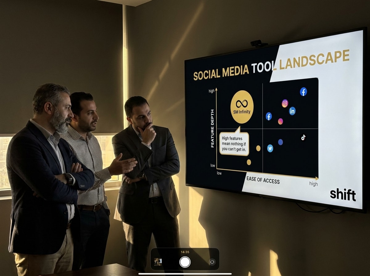 Three individuals in an office setting observing a large screen, engaged in a collaborative discussion.  