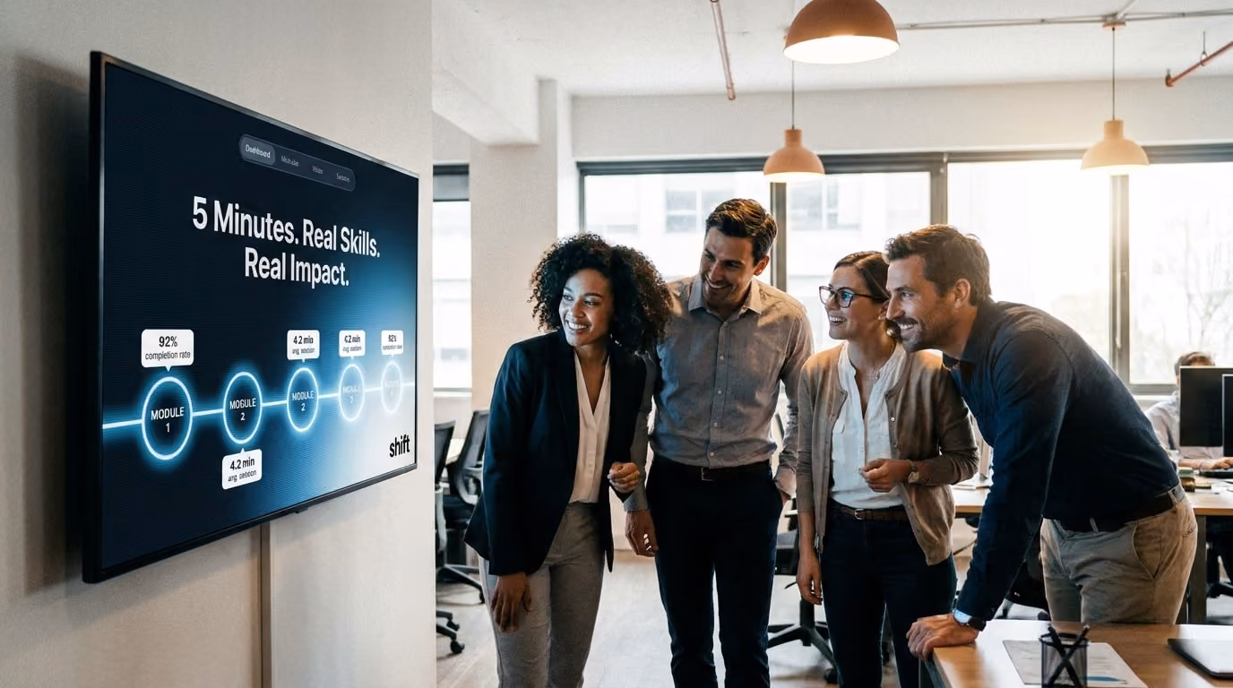 A group of professionals in an office attentively watching a presentation on a large screen. 