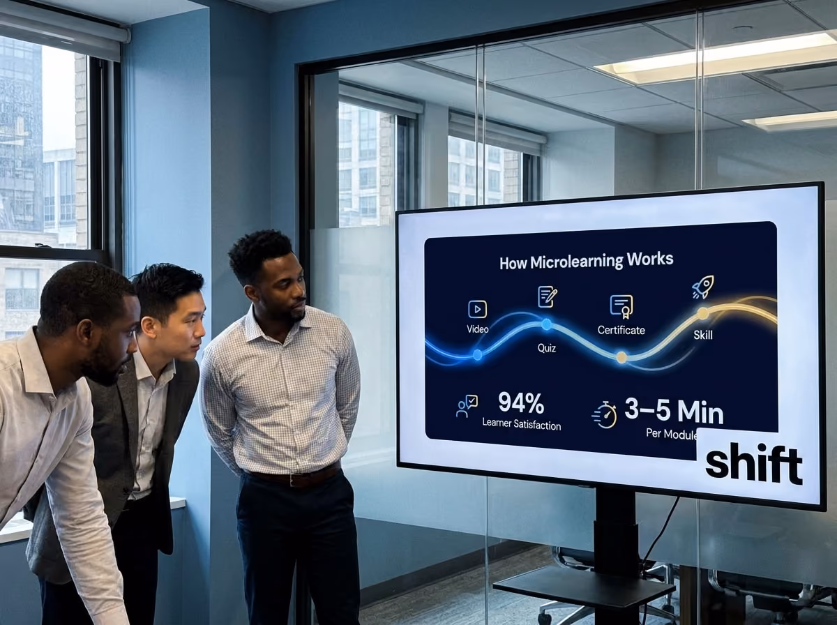Three men in business suits are attentively viewing a screen displaying a message.