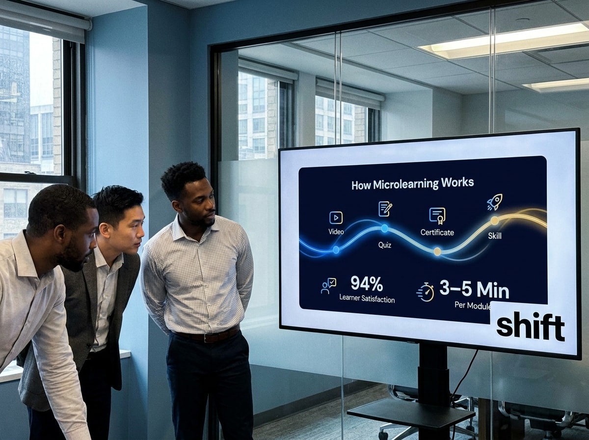 Three men in business suits are attentively viewing a screen displaying a message. 