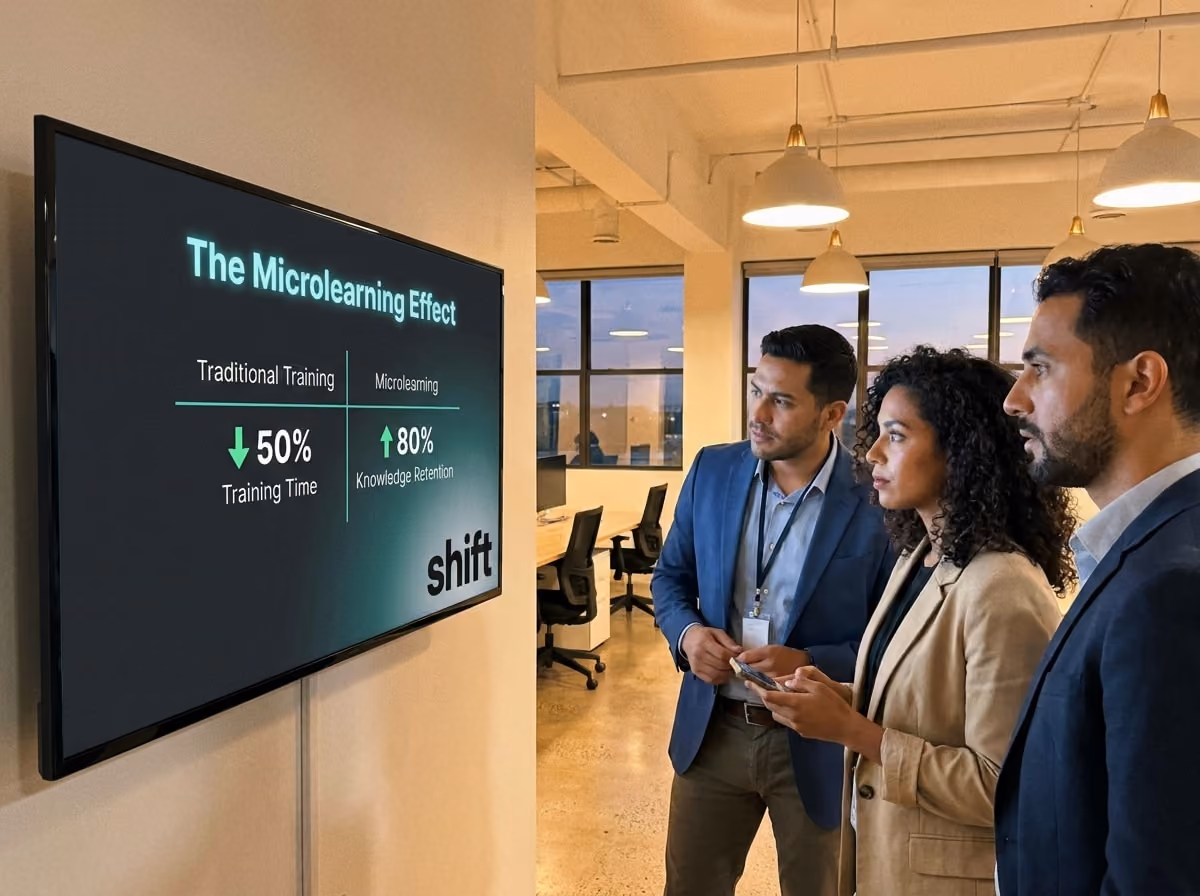 Three business-attired men & woman are focused on a screen that shows a message.