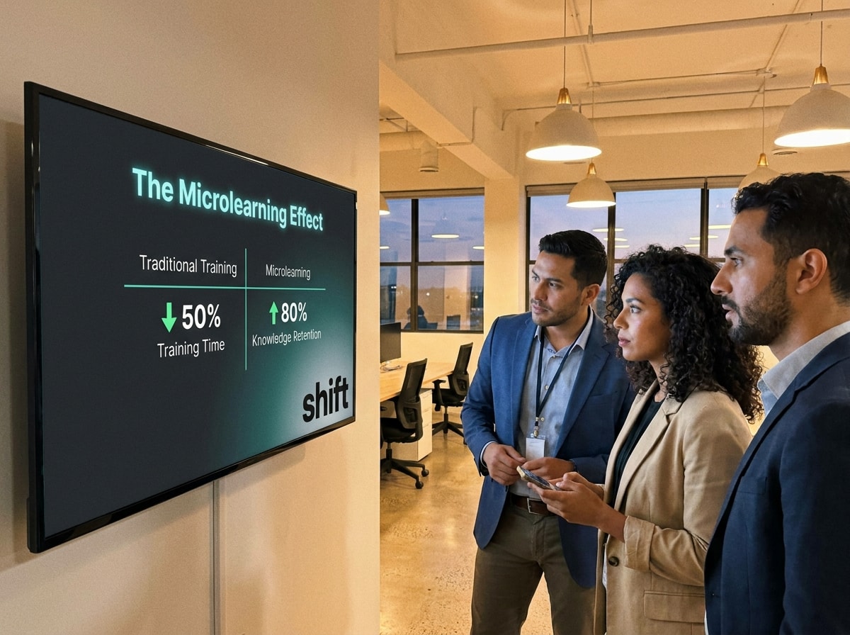 Three business-attired men & woman are focused on a screen that shows a message.
