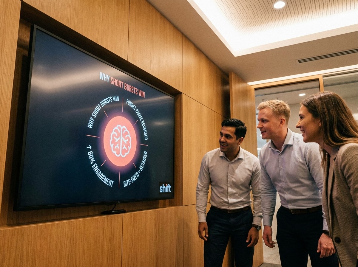 Three employees dressed in business attire are observing a screen with a visible message.