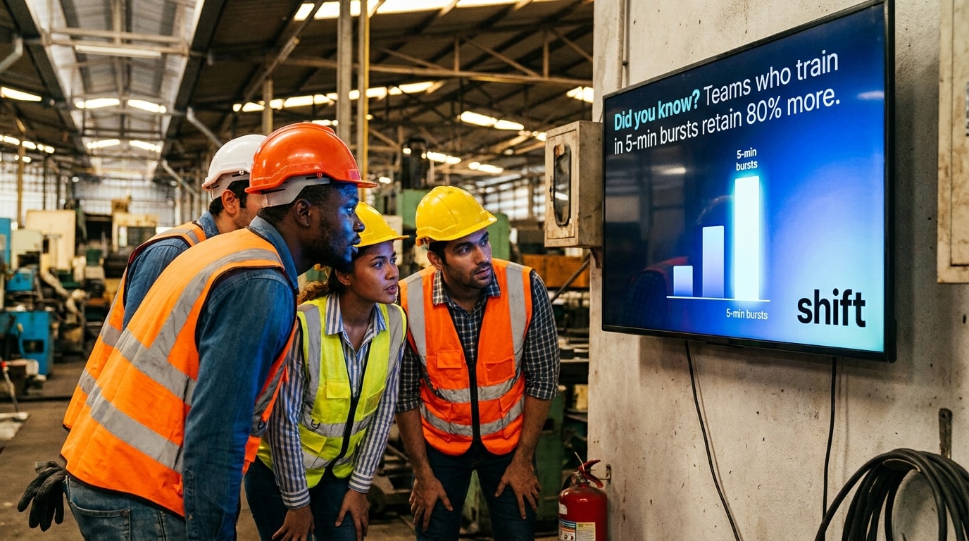 Three individuals in hard hats observe a digital screen, engaged in a discussion about the displayed information. 