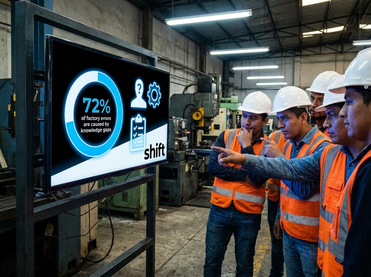 A team of men in hard hats is gathered around a large screen, engaged in discussion about displayed information.  