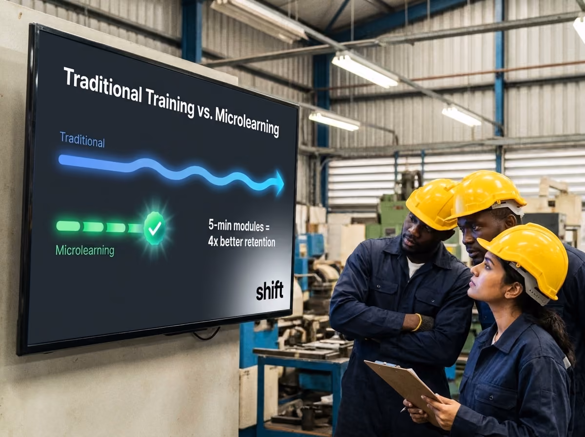 Three individuals in hard hats observe a screen displaying a message, engaged in a discussion about its content.