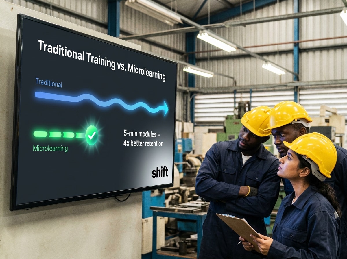Three individuals in hard hats observe a screen displaying a message, engaged in a discussion about its content.