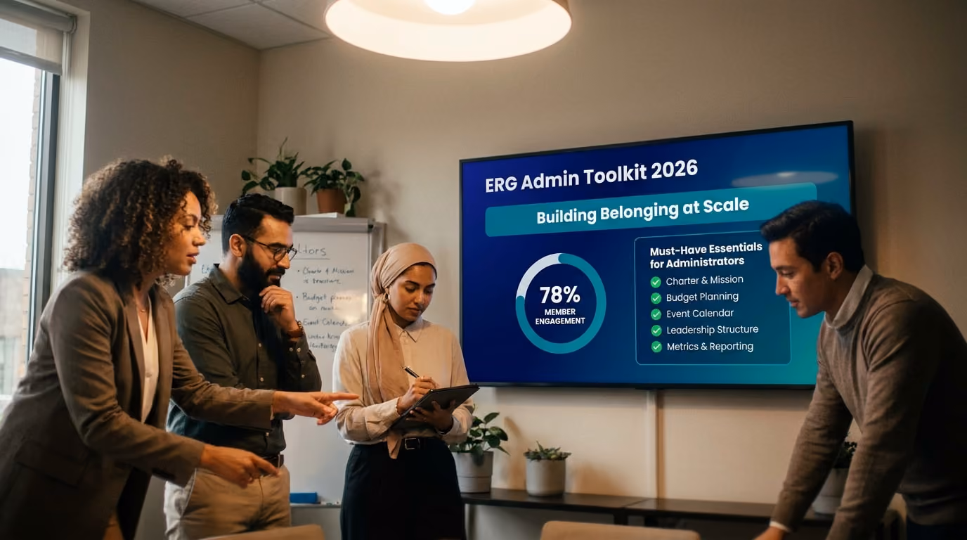 Team discusses "ERG Admin Toolkit 2026" with focus on building belonging, member engagement, and admin essentials on screen.