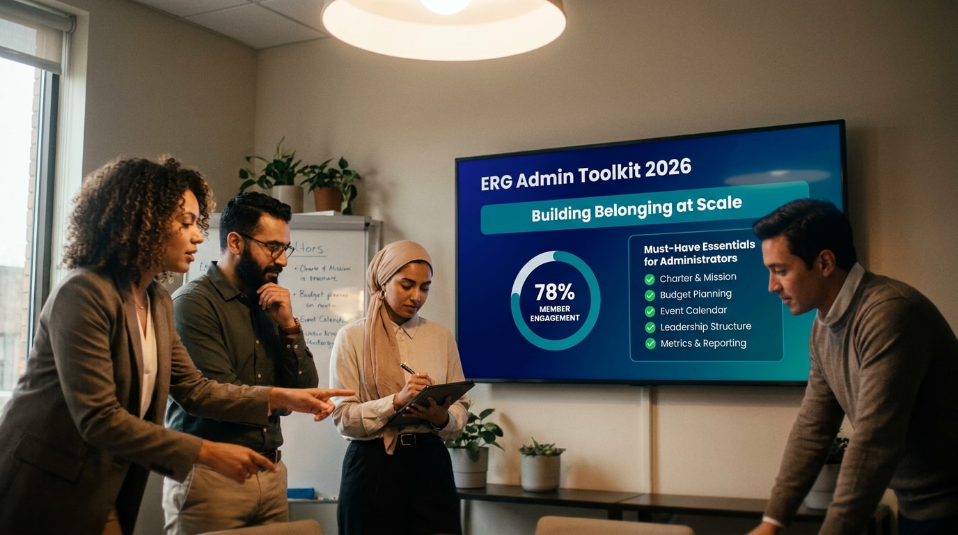 Team discusses "ERG Admin Toolkit 2026" with focus on building belonging, member engagement, and admin essentials on screen.