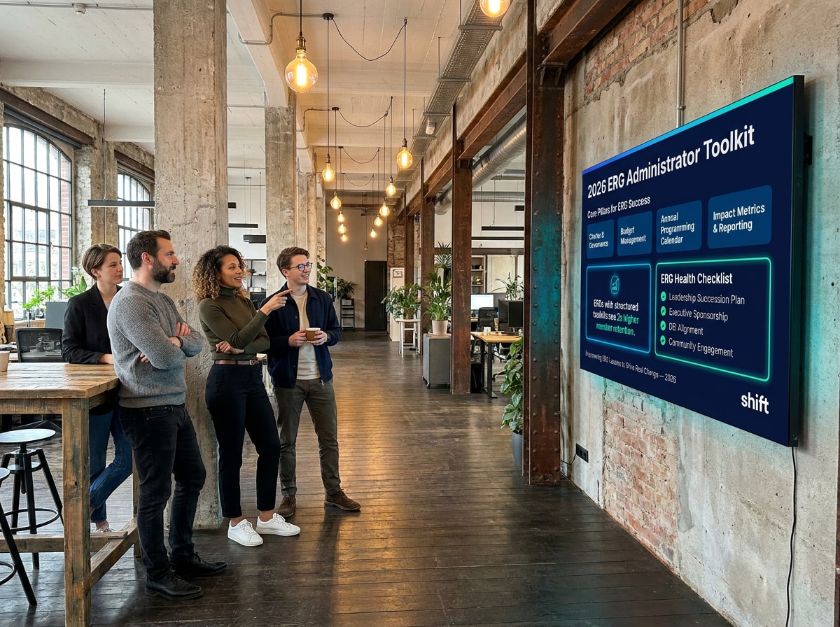 Group of four people in an industrial-style office, discussing the 2026 ERG Administrator Toolkit displayed on a large screen.