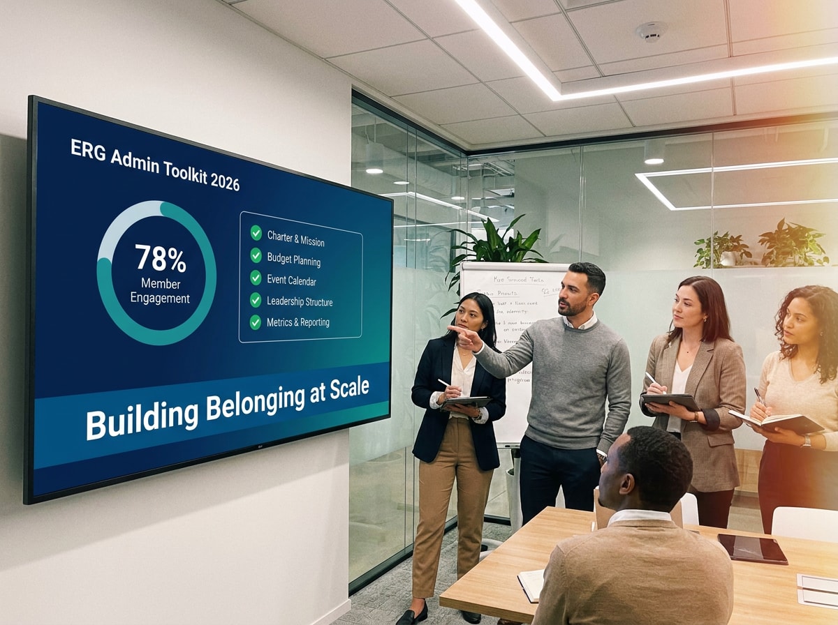 Team discusses "Building Belonging at Scale" with 78% engagement on screen. Focus on mission, budget, events, leadership, metrics.