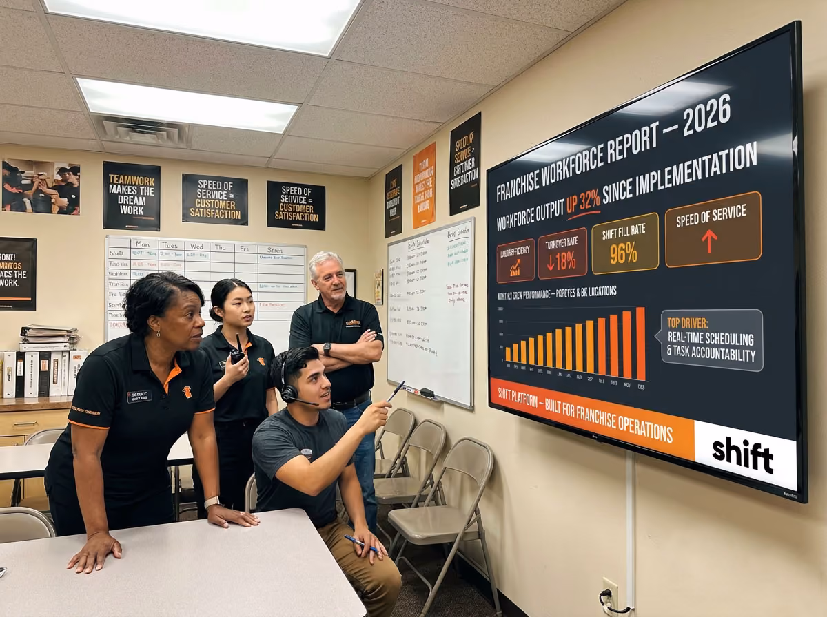 Team reviews Franchise Workforce Report 2026 on screen, highlighting 32% output increase. Charts and posters visible in room.