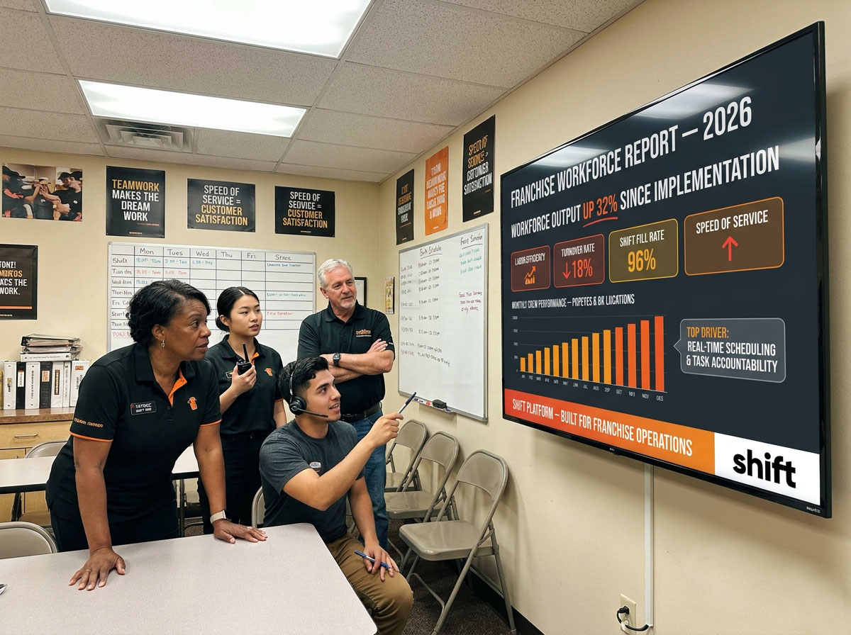 Team reviews Franchise Workforce Report 2026 on screen, highlighting 32% output increase. Charts and posters visible in room.